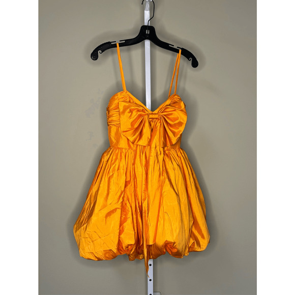 Mac Duggal NWT Spaghetti Strap Center Bow Balloon Mini Dress in Orange Size 4 - Picture 4 of 9